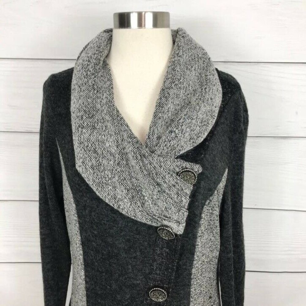 The Pyramid Collection Collared Ruffle Knit Jacket M Asymmetrical Duster Gray - Picture 2 of 10